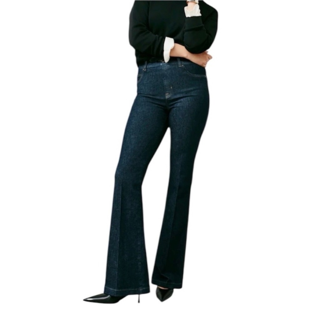 Spanx Denim Flare Jeans Raw Indigo Wash High Rise Stretch Size L 21266R NWT